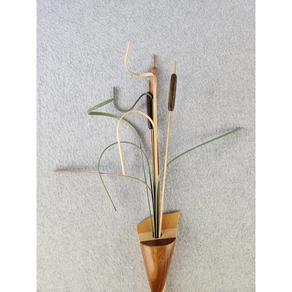 Wooden Wildflower Art Wall Hanging Decor Wood Cattails Pond Vase 3D Bulrush